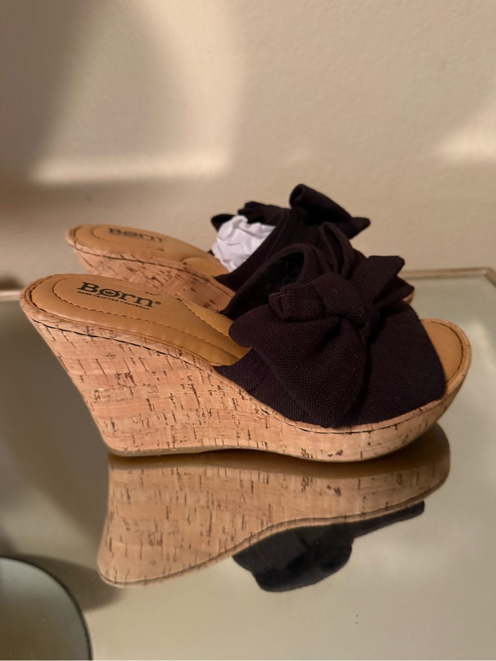 Born Black Knot-Front Cork Wedge Mules